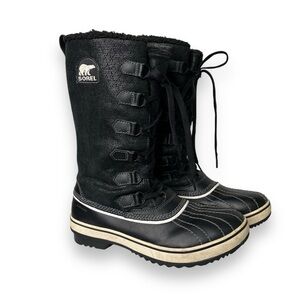 Sorel Tivoli Black White Leather Tall Lace-Up Fleece Lined Winter Snow Boots 8.5